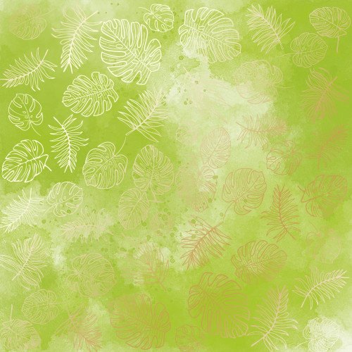 Лист односторонней бумаги с фольгированием Golden Tropical Leaves, color Light green watercolor, 30,5 см х 30,5 см