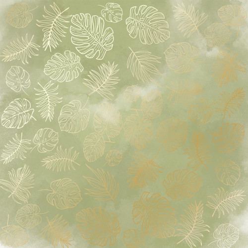 Лист односторонней бумаги с фольгированием Golden Tropical Leaves, color Olive watercolor, 30,5 см х 30,5 см