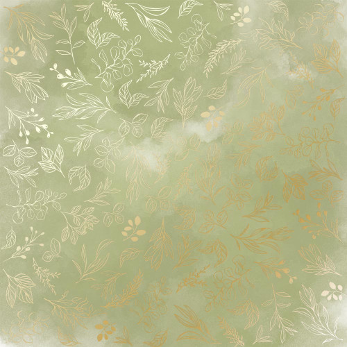 Аркуш одностороннього паперу з фольгуванням Golden Branches, color Olive watercolor, 30,5 см х 30,5 см