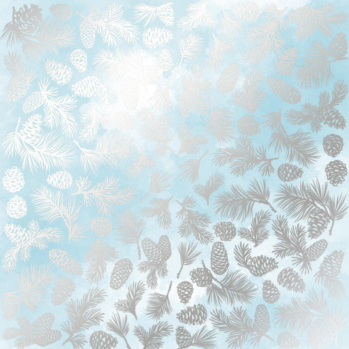 Лист односторонней бумаги с серебряным тиснением Silver Pine cones Azure watercolor, 30,5см х 30,5см
