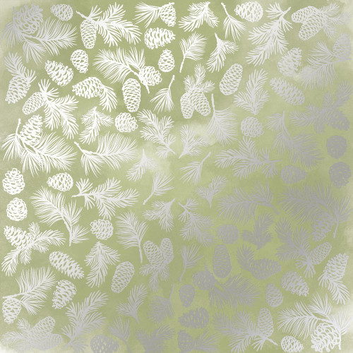 Лист односторонней бумаги с серебряным тиснением Silver Pine cones Olive watercolor, 30,5см х 30,5см