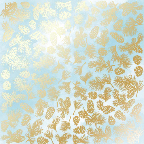 Лист односторонней бумаги с фольгированием Golden Pine cones Azure watercolor, 30,5см х 30,5см