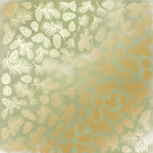 Лист односторонней бумаги с фольгированием Golden Pine cones Olive watercolor, 30,5см х 30,5см