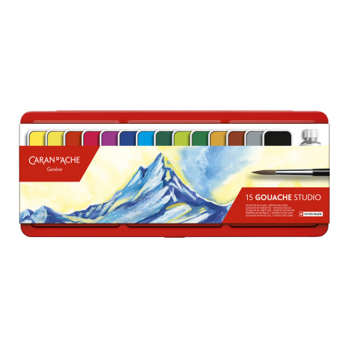 Краска Гуашь Caran d'Ache Studio Металлический бокс, 15 цветов с кистью (7610186143151)