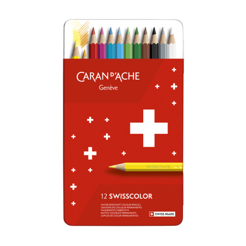 Набор Водостойких Карандашей Caran d'Ache Swisscolor Металлический бокс, 12 цветов (7630002342568)