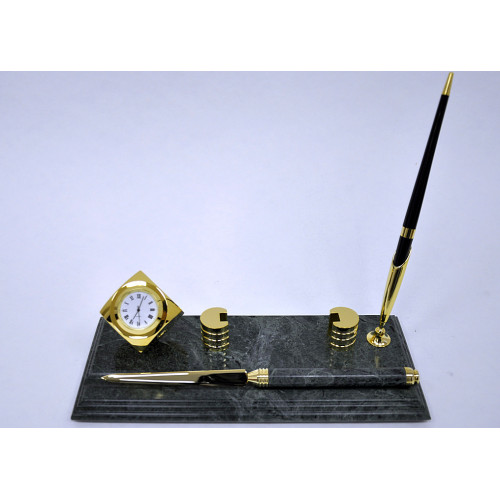 Настольный набор для руководителя Penstand, мраморный (Золотые часы, подставка для визитной карты, нож для писем и ручка) 9124