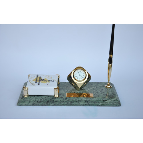 Настольный набор для руководителя Penstand, мраморный (часы, ручка и бумага для заметок) золотой хром 9105