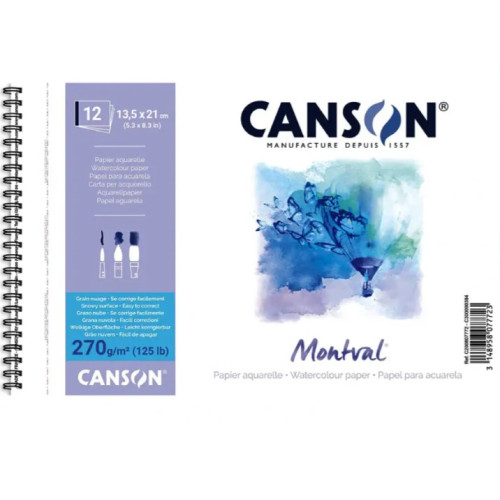 Альбом блок для акварели на спирале Canson Montval Torchon Bloc 12 листов 270 г/м2, 13,5х21 см