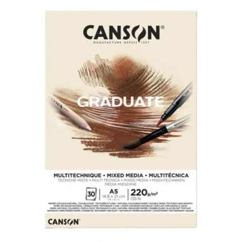 Альбом для смешанных техник, натуральный бежевый, Canson Graduate Mix Media Natural 30 листов 220 г/м2, А5 14,8х21 см