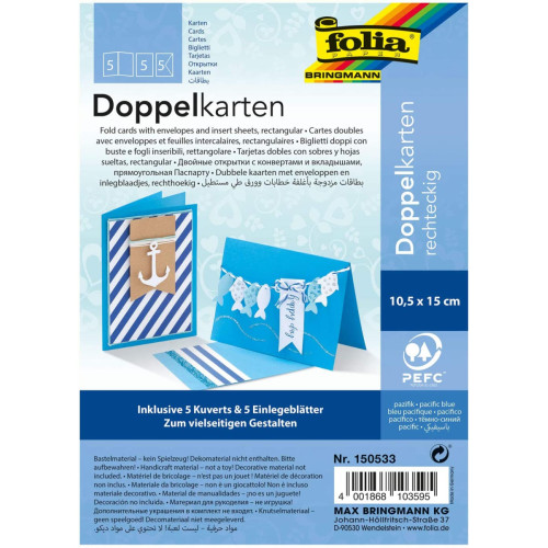 Заготовка для открыток с конвертом Folia прямоугольная, 10,5x15 см, №33 Pacific blue Голубой