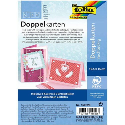 Заготовка для открыток с конвертом Folia прямоугольная, 10,5x15 см, №26Light pink Светло-розовый