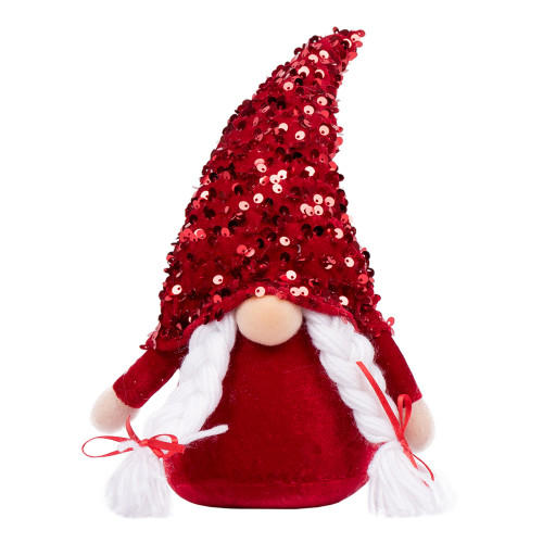Новогодняя мягкая игрушка Novogodko Гном Девочка, красная пайетка, 29 см, LED нос
