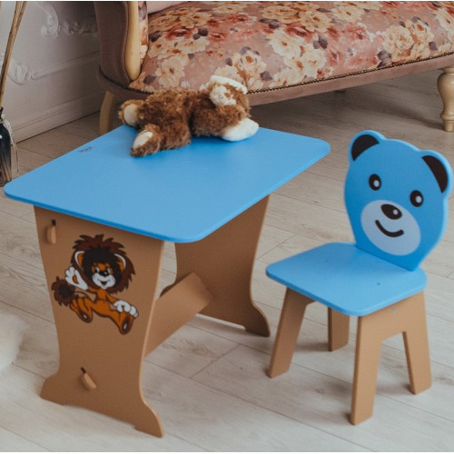 Дитячий стіл-парта синій, малюнок зайчик та стільчик дитячий Ведмедик WS-6224-4321