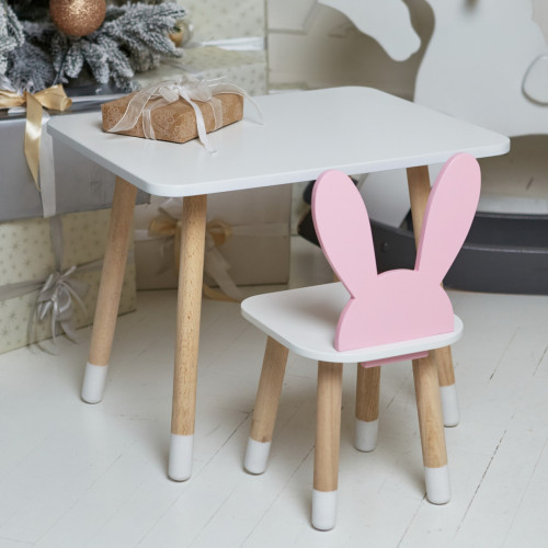 Детский белый столик и стульчик ушки зайки розовые WS-100889