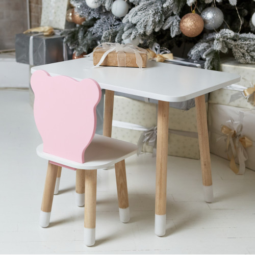 Белый столик и стульчик детский розовый медвежонок с белым сиденьем WS-230411