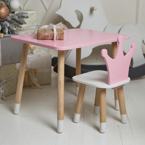 Рожевий стіл і стільчик дитячий корона з білим сидінням WS-230007