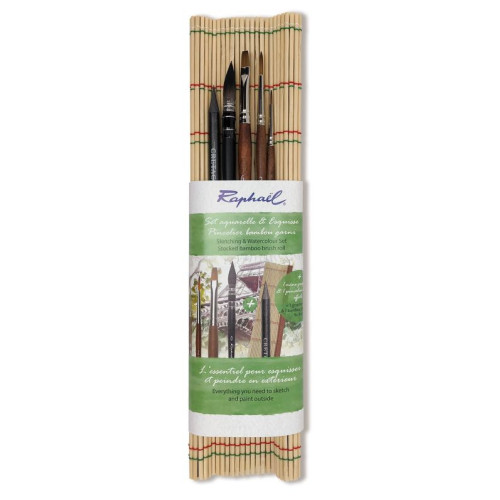 Набор кистей для акварели Raphael в бамбуковом чехле, синтетика, 5 шт, Travel-формат