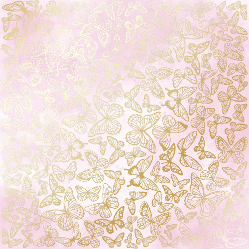 Лист односторонней бумаги с фольгированием Golden Butterflies, color Pink shabby watercolor, 30,5х30,5 см