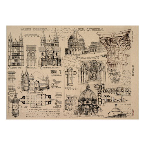 Лист крафт бумаги с рисунком History and architecture №03, 42x29,7 см