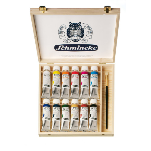 Набор масляных красок Akademie Schmincke 12х60мл + кисточка в деревянном пенале