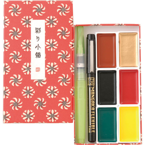 Набор акварельных красок Kuretake IRODORI KOBAKO RED 6 кювет, кисть-резервуар medium, линер Mangaka Flexible