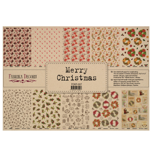 Набір одностороннього крафт-паперу для скрапбукінгу Merry Christmas, 42x29,7 см, 10 аркушів