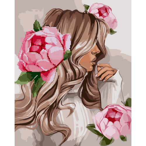 Картина по номерам с алмазной мозаикой Девушка с розовыми пионами SANTI, 40х50 см