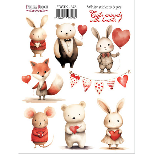 Набор наклеек (стикеров) 8 шт, Cute animals with hearts 1, №378
