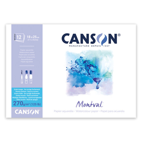 Склейка для акварелі MONTVAL Canson, 18x25см, 300г/м2, натуральний білий, середнє зерно, 12 листів
