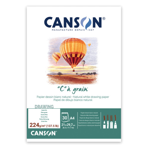 Склейка для ескізів та малюнка Canson CAGRAIN, А4 (21x29,7см), 224г/м2, білий папір, 30 аркушів