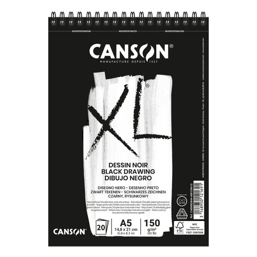 Альбом для ескізів на спіралі Canson XL Dessin Black, А5 (14,8x21см), 150г/м2, чорний колір, 20 аркушів