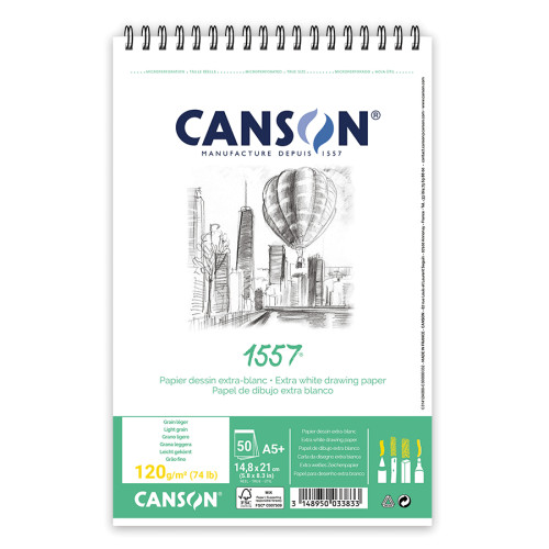 Альбом для эскизов на спирали Canson 1557, А5 (14,8x21см), 120г/м2, белый цвет, 50 листов