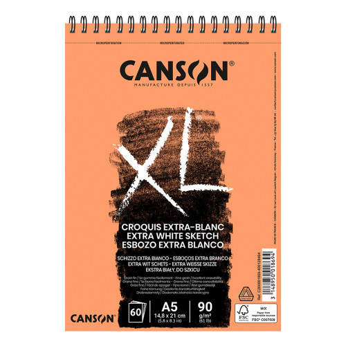 Альбом для ескізів на спіралі Canson XL EXTRA WHITЕ, А5 (14,8x21см), 90г/м2, білий колір, 60 аркушів
