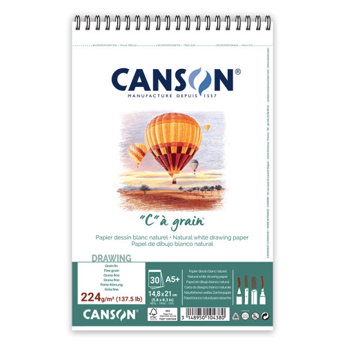 Альбом для ескізів та малюнка на спіралі Canson CAGRAIN, А5 (14,8x21см), 224г/м2, білий папір, 30 аркушів