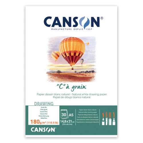 Склейка для ескізів та малюнка Canson CAGRAIN, А5 (14,8x21см), 180г/м2, білий папір, 30 аркушів