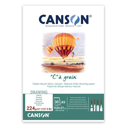 Склейка для эскизов и рисунка Canson CAGRAIN, А5 (14,8x21см), 224г/м2, белая бумага, 30 листов