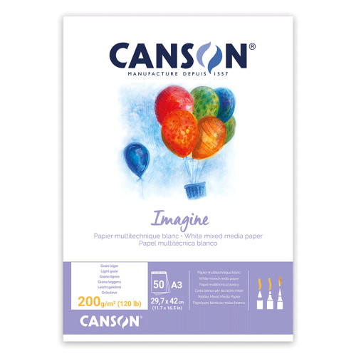 Склейка паперу Canson IMAGINE (mix media), А3, 200 г/м2, 50л, натуральний білий, гладкий, 50 аркушів