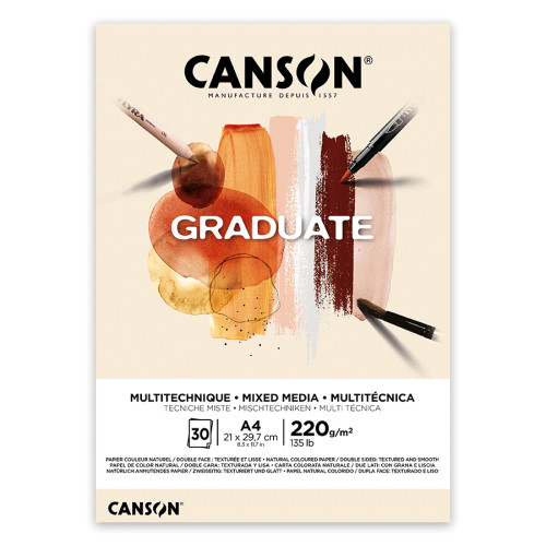 Склейка паперу для міксованих технік Canson GRADUATE MIXED MEDIA, А4 (21x29,7см), 220г/м2, натуральні кольори, 30 листів