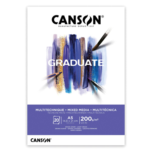 Склейка бумаги для рисования Canson GRADUATE MIXED MEDIA, А5 (14,8x21см), 200г/м2, белый цвет,20  листов