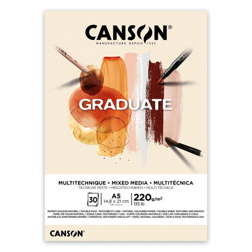 Склейка паперу для міксованих технік Canson GRADUATE MIXED MEDIA, А5 (14,8x21см), 220г/м2, натуральні кольори, 30 листів