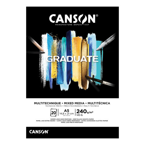 Склейка бумаги для миксированных техник Canson GRADUATE MIXED MEDIA, А5 (14,8x21см), 240г/м2, черный цвет, 20 листов
