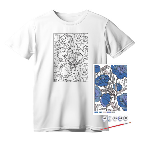 Набір для розмальовки футболки з контуром Сині півонії, бавовна 100%, розмір S, ROSA Talent