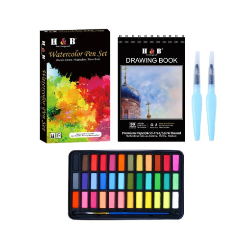 Набор для рисования акварельных красок H&B 36 цветов с 3 кистями и альбомом