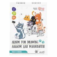Альбом для малювання А4, 100г/м2, 30 листів, на спіралі, Cats Selfies, ROSA Kids