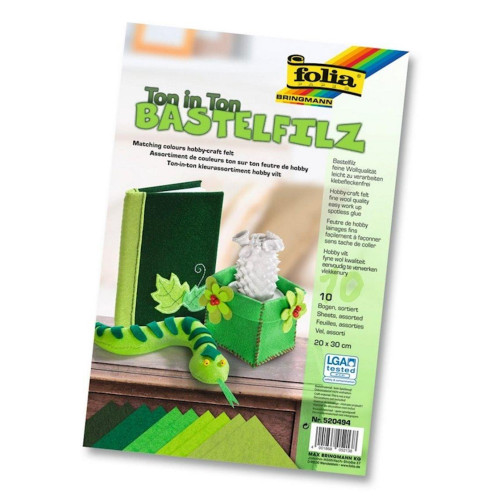 Набір для творчості з фетру Folia, 150 г/м2, 20х30 см, акрил 100%, 5 кольорів, 10 листів, зеленого відтінку.