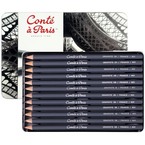 Набір графітних олівців Conte Drawing Set, 12 шт (3H-6B), в металевій упаковці