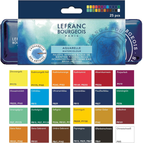 Набор акварельных красок Lefranc Fine Watercolour Set Half Pans, полукювета, 24 цв., в металлической упаковке