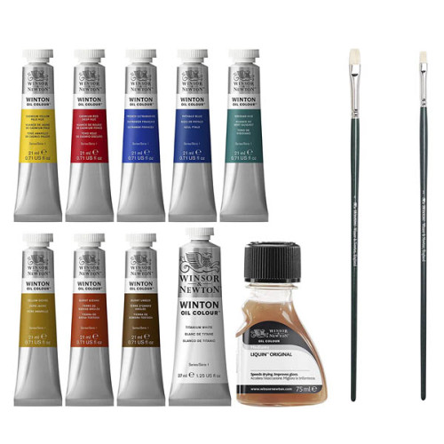 Набор масляных красок Winsor Newton Winton Studio Set: 8х21 мл, белила 37 мл, растворитель Liquin Original, 2 кисти