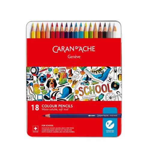 Набір акварельних олівців Caran d'Ache School Line Металевий бокс, 18 кольорів