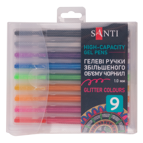 Набір гелевих ручок збільшеного об'єму чорнила SANTI Glitter 9 штук